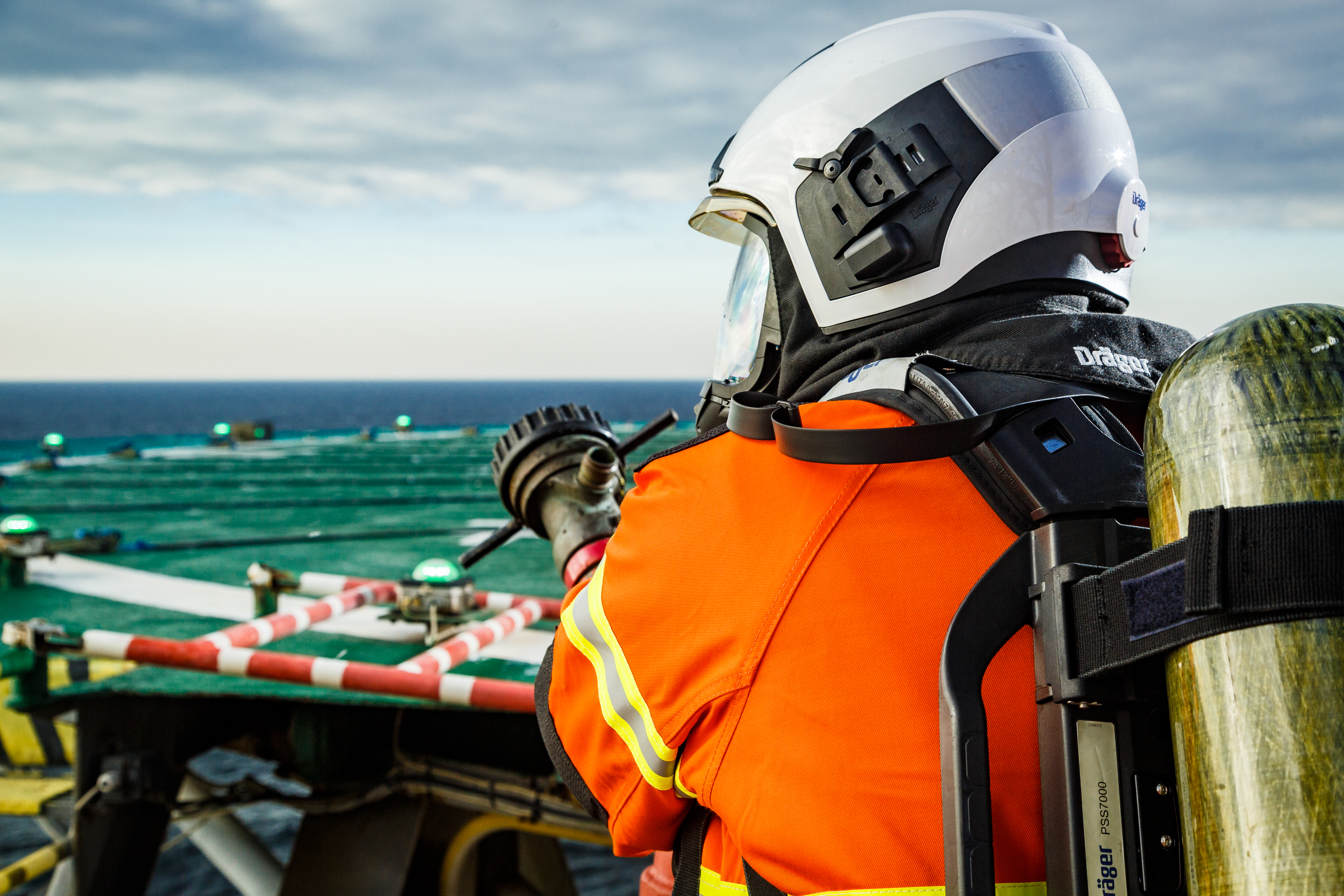 Fireman wearing a breathing air equipment