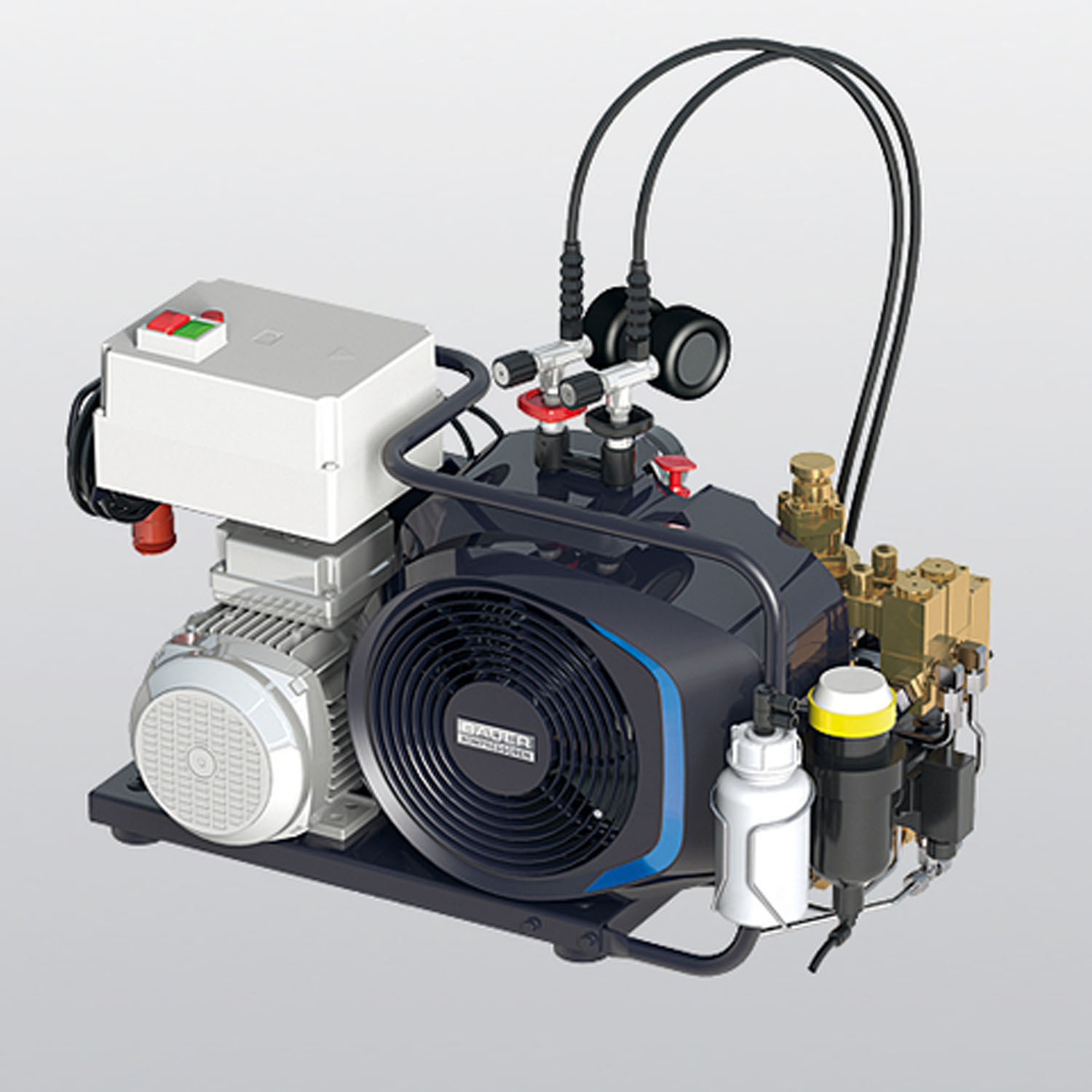 BK0J3EH00 Bauer Junior II - E Compressor Ruggedness, reliability, a wide range of applications and its compact flexibility have made the JUNIOR a worldwide classic. Thanks to its small dimensions an sophisticated technology, the smallest of Bauer's  portable breathing air compressors is ideal for sports divers, marine use and use of respiratory protection applications. For all those who do not want to do without pure and safe breathing air in mobile applications. This lightweight and compact unit can be transported by one person.