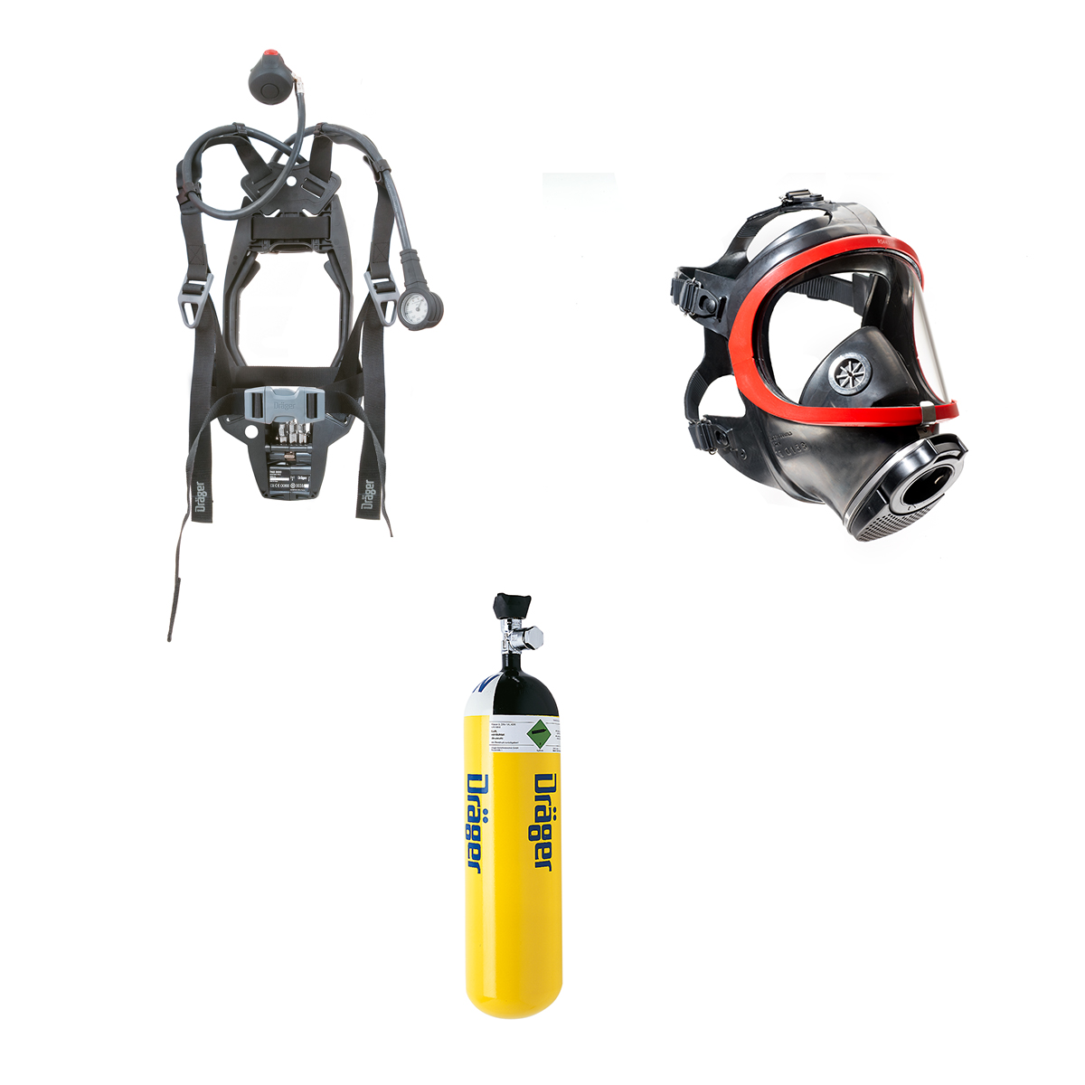 SETNEMAD This set contains:
- Dräger: PAS Lite SCBA (3357774)
- Dräger: Panaroma Nova EPDM-PC-P facemask (R54450)
- Dräger: Cylinder steel 6 liter 300 bar c/w in-line G5/8&quot; EFV Valve (3355002)